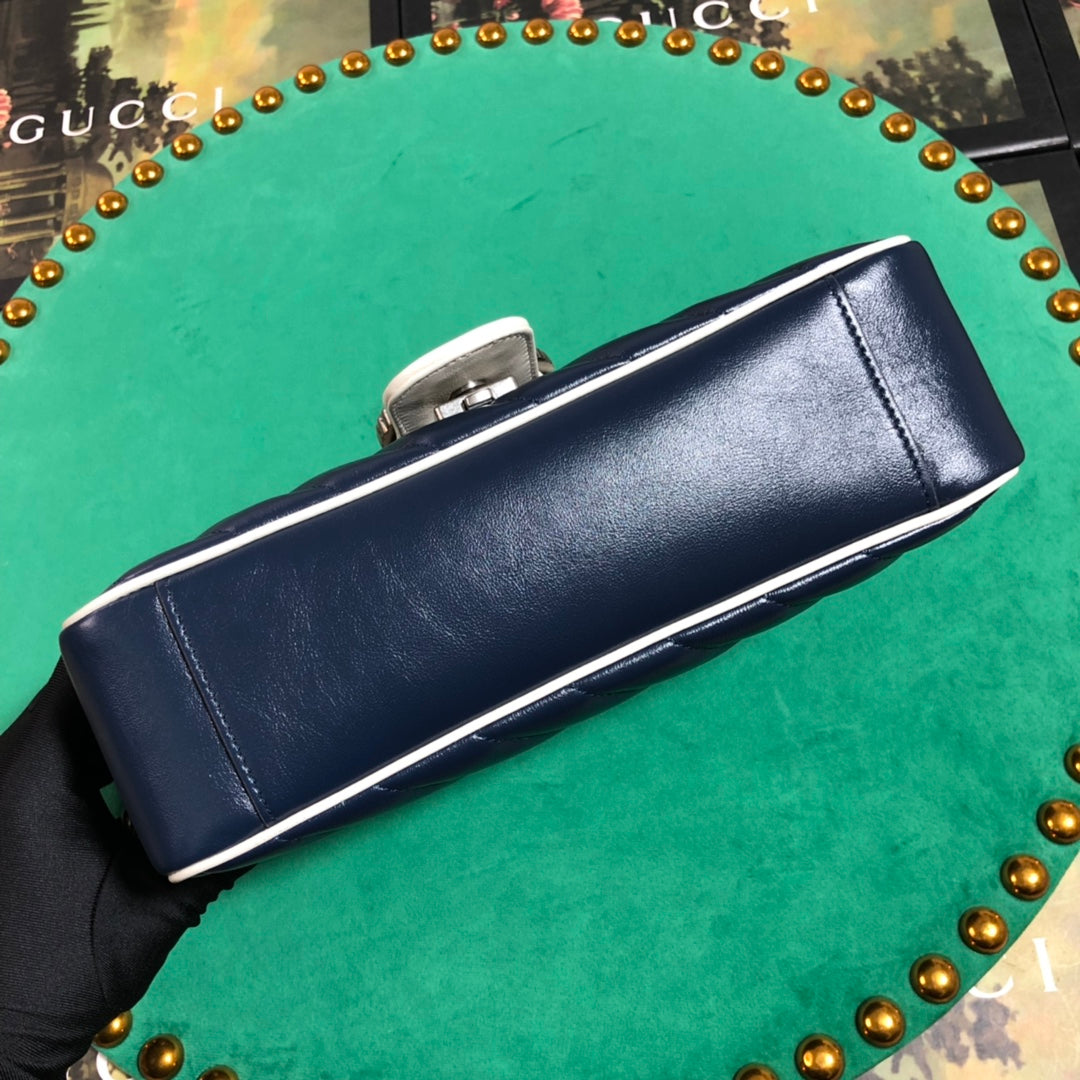 Gucci GG Marmont Small Shoulder Bag - Blue Quilted Leather with White Trim