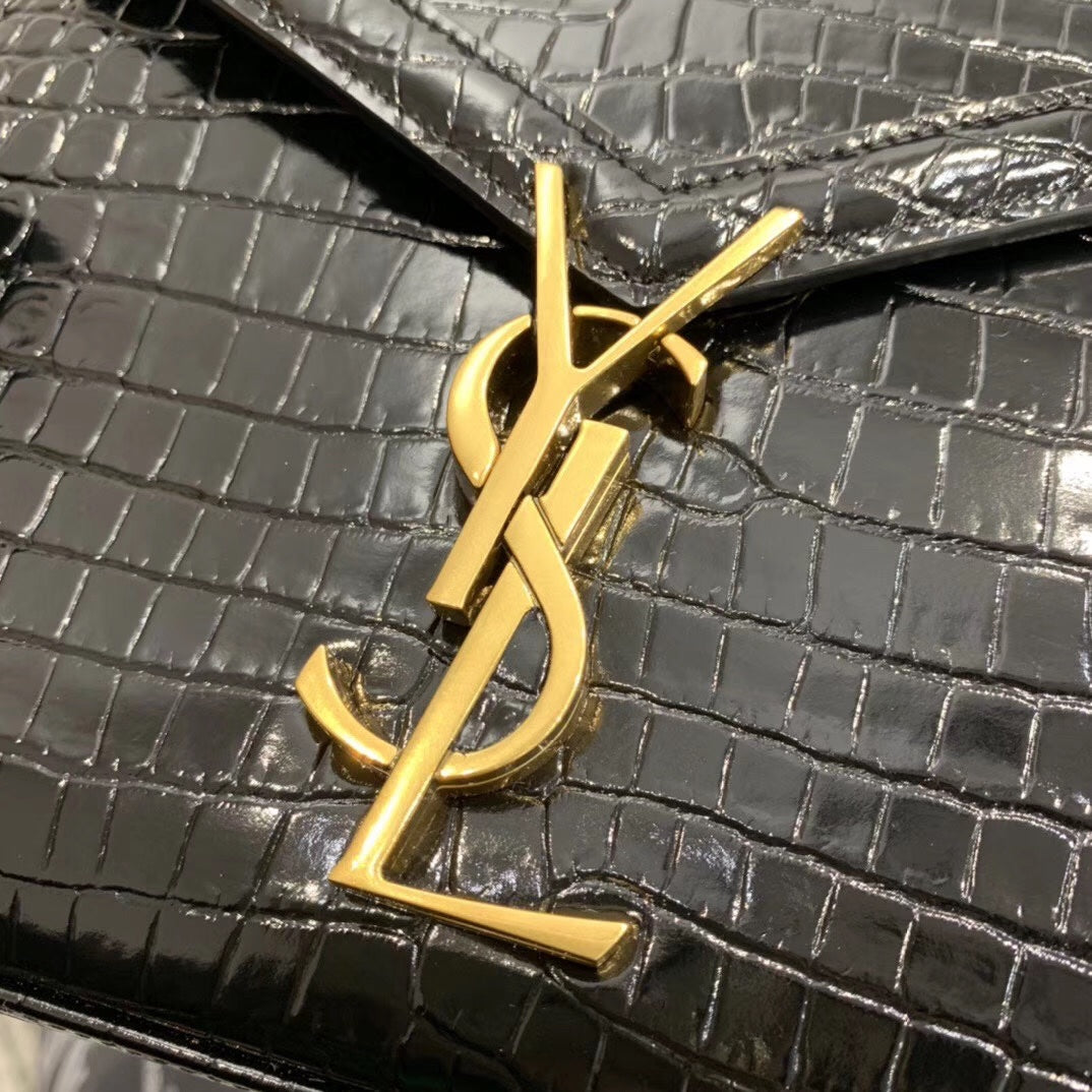 Saint Laurent Cassandra Top Handle Bag in Black Crocodile-Embossed Leather