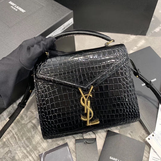Saint Laurent Cassandra Top Handle Bag in Black Crocodile-Embossed Leather