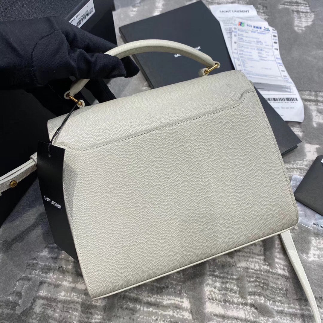 Saint Laurent Cassandra Medium Top Handle Bag in White Grain de Poudre Leather