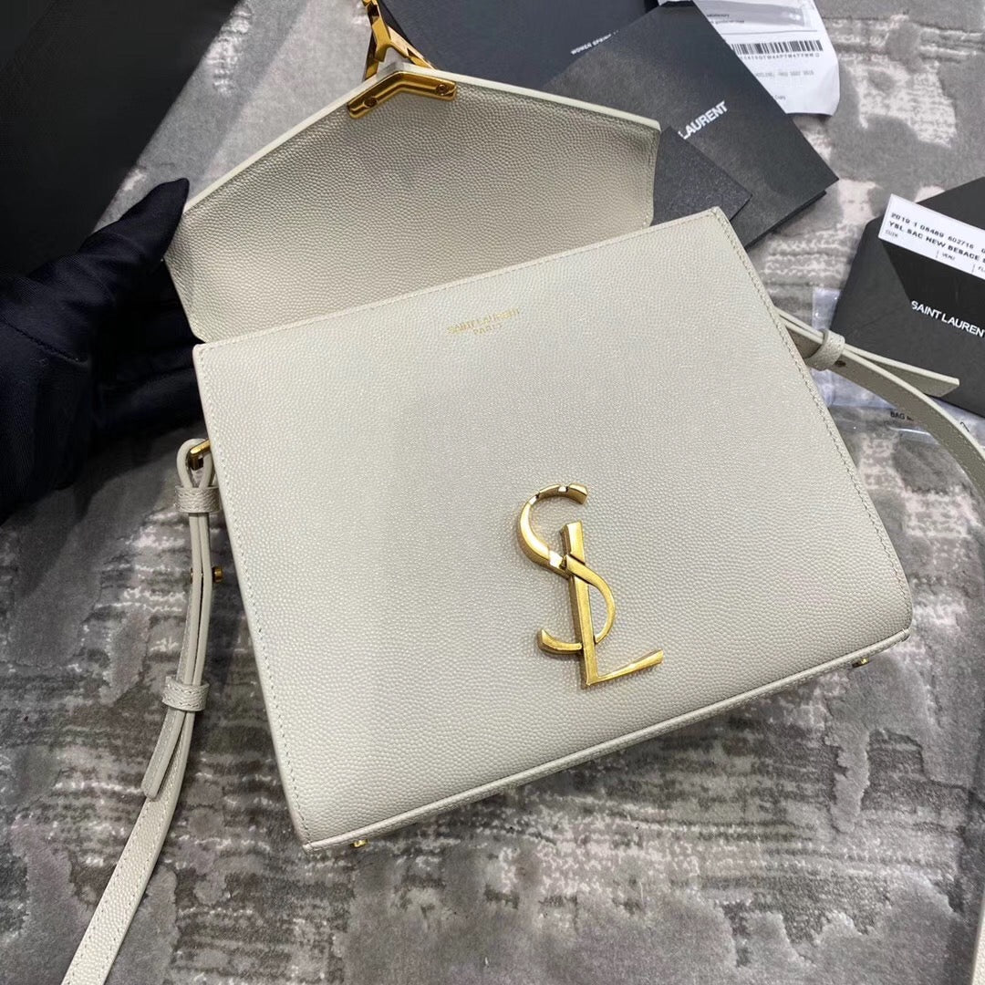 Saint Laurent Cassandra Medium Top Handle Bag in White Grain de Poudre Leather