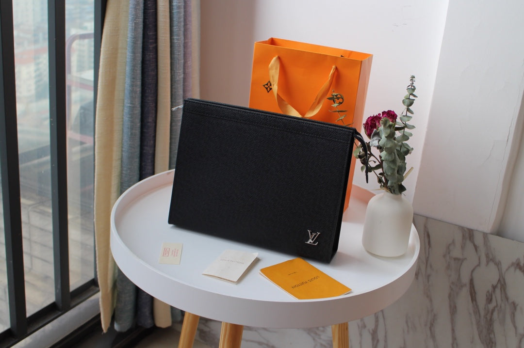 Louis Vuitton Minimalist Black Textured Leather Slim Pouch Zipper Clutch Bag