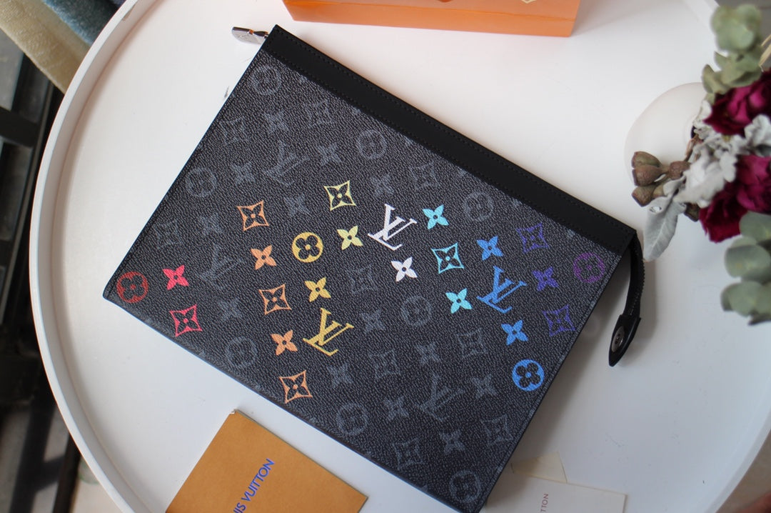 Louis Vuitton Black Rainbow Monogram Zippered Clutch Pouch Document Holder