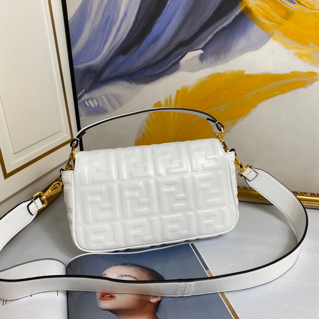 Fendi Baguette White FF Embossed Leather Shoulder Bag