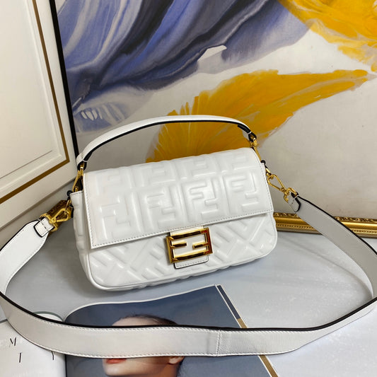 Fendi Baguette White FF Embossed Leather Shoulder Bag