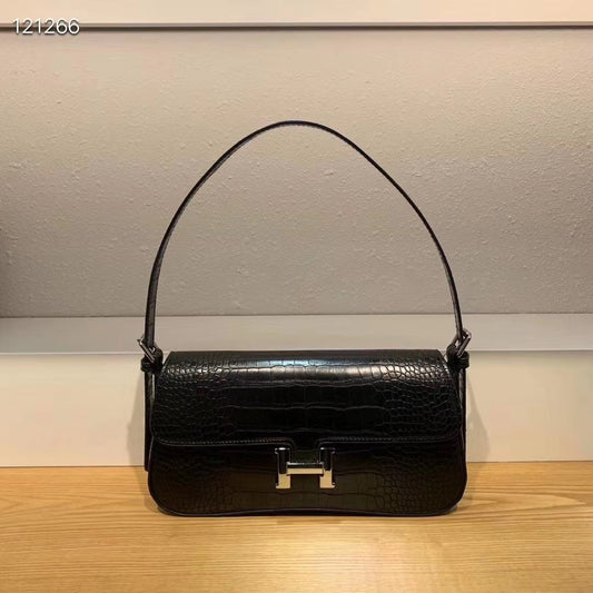 Women's Black Crocodile-Embossed Baguette Shoulder Bag with Silver H-Clasp