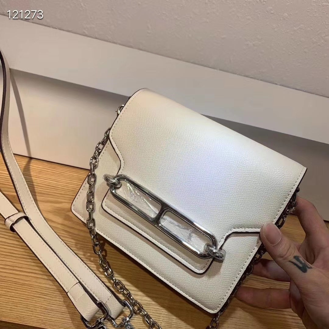 White Leather Crossbody Bag with Silver-Tone Chain and Bar Detail
