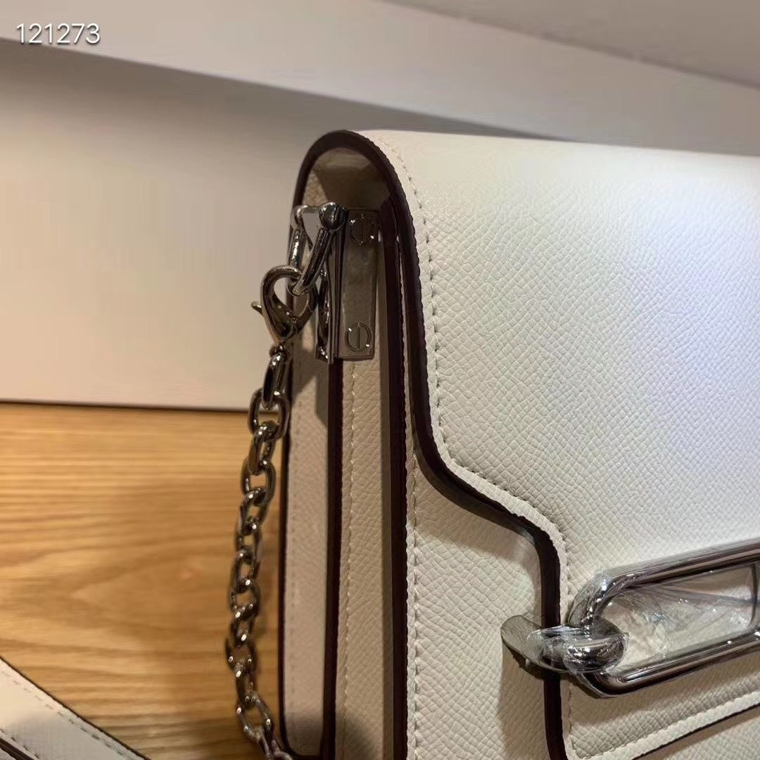 White Leather Crossbody Bag with Silver-Tone Chain and Bar Detail