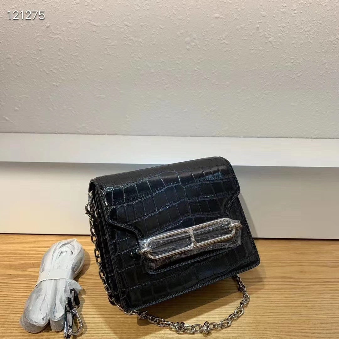 Elegant Black Crocodile-Embossed Leather Shoulder Bag with Silver Chain Strap