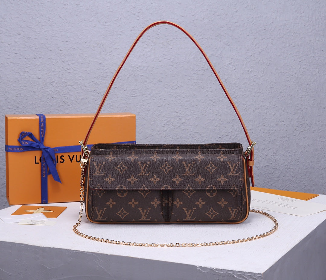 Louis Vuitton Brown Monogram Canvas Shoulder Bag with Gold Chain Strap