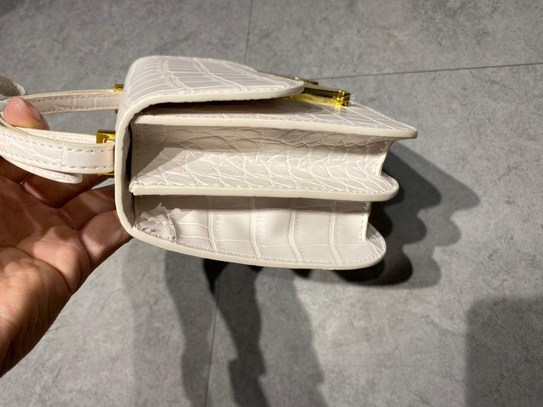 White Textured Mini Crossbody Bag with Gold H-Clasp