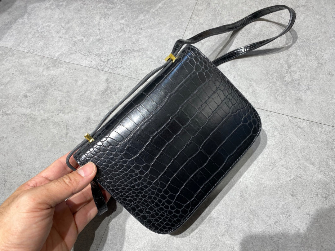 Luxury Black Crocodile Embossed Leather Crossbody Bag with Gold H Clasp