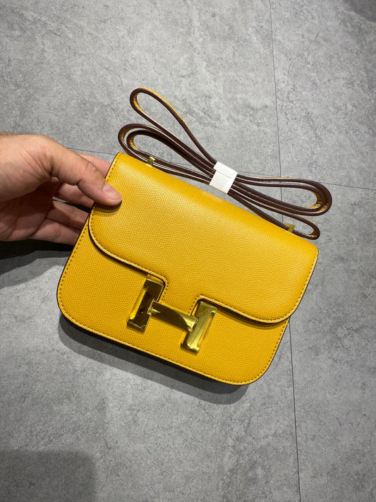 Mustard Yellow Leather Shoulder Bag with Gold H-Clasp - Small Crossbody Handbag
