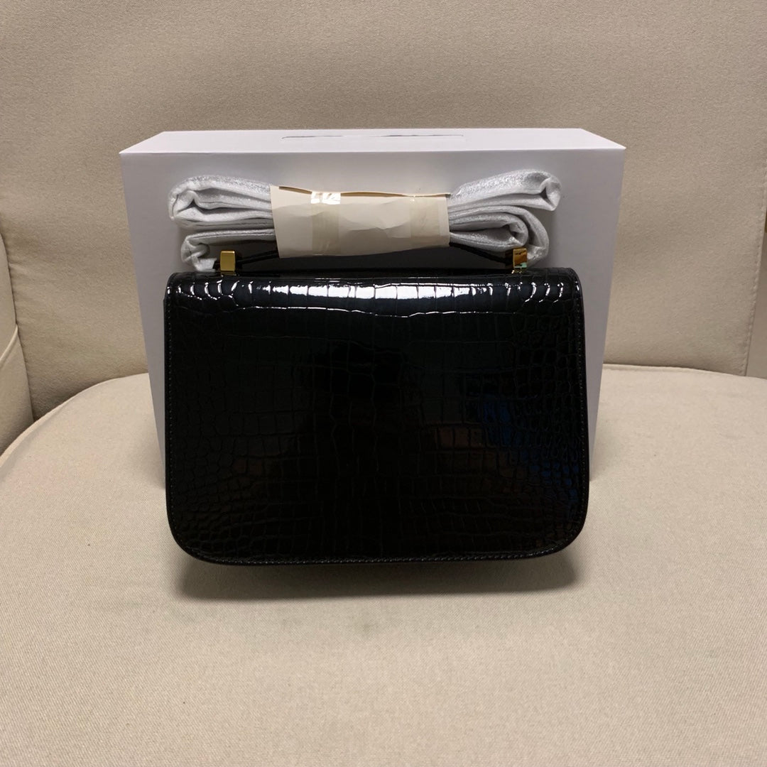 Luxury Black Crocodile Embossed Crossbody Bag with Gold H Buckle