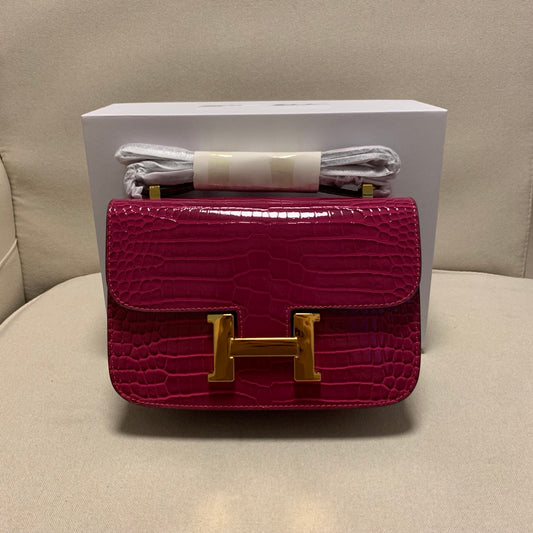 Luxury Fuchsia Pink Crocodile Embossed Leather Shoulder Bag with Gold H Buckle