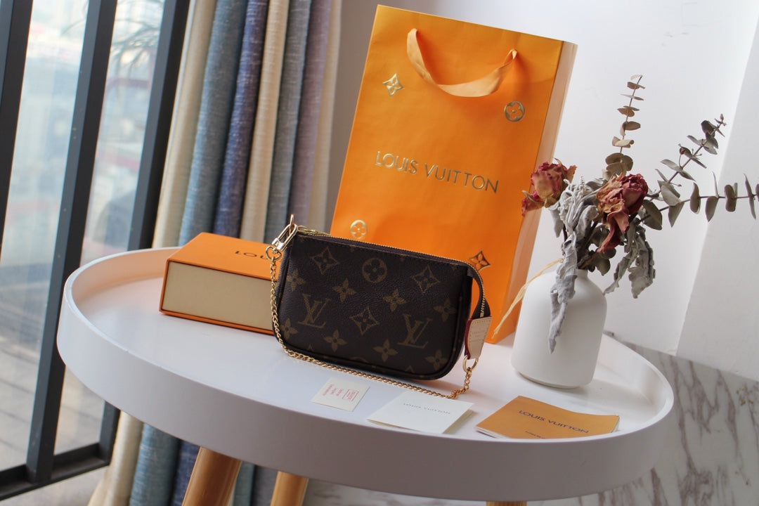 Louis Vuitton Classic Monogram Canvas Mini Pouch with Gold Chain Strap