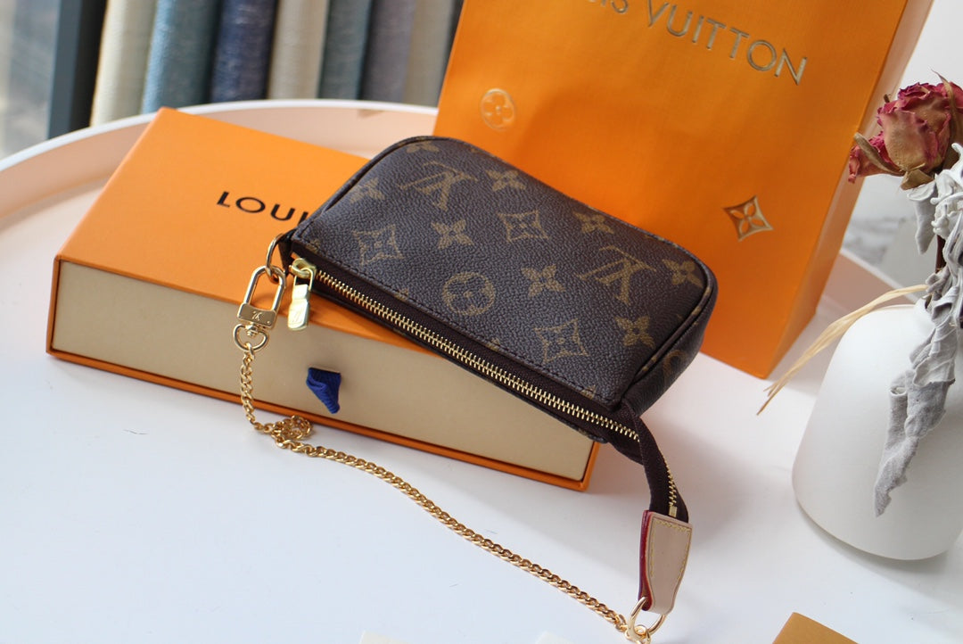 Louis Vuitton Classic Monogram Canvas Mini Pouch with Gold Chain Strap