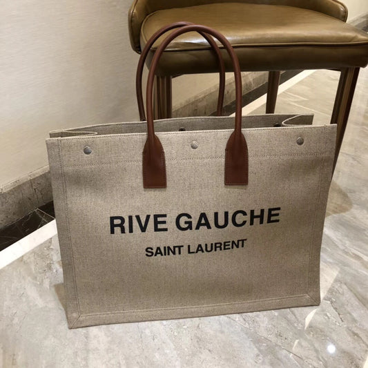 Saint Laurent Rive Gauche Large Tote Bag in Linen Canvas and Leather