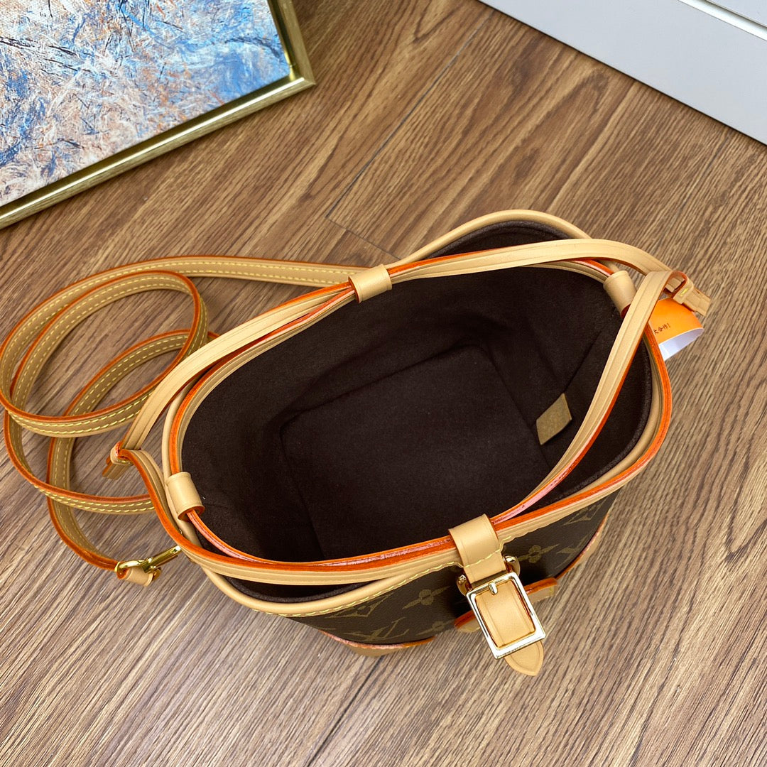 Louis Vuitton Classic Monogram Mini Bucket Bag with Leather Crossbody Strap