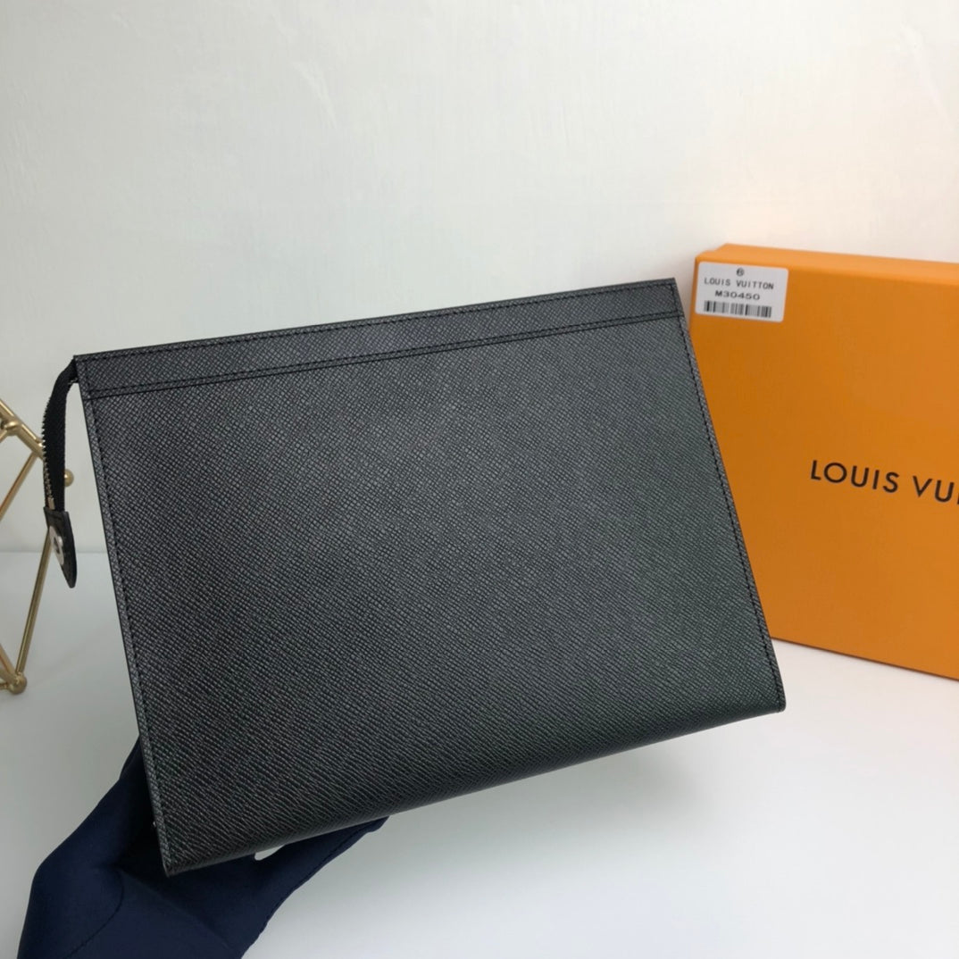 Louis Vuitton Minimalist Black Textured Leather Clutch Bag with Zipper