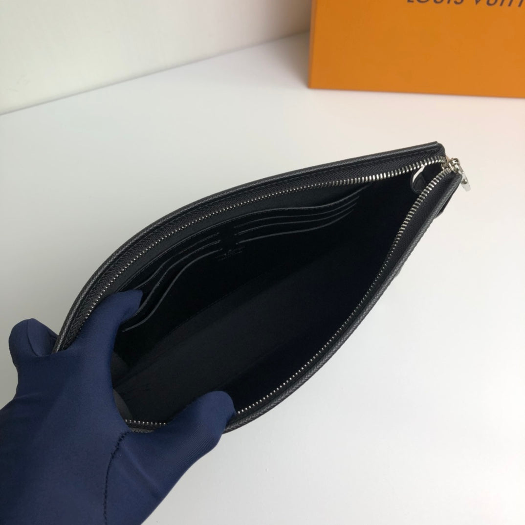 Louis Vuitton Minimalist Black Textured Leather Clutch Bag with Zipper