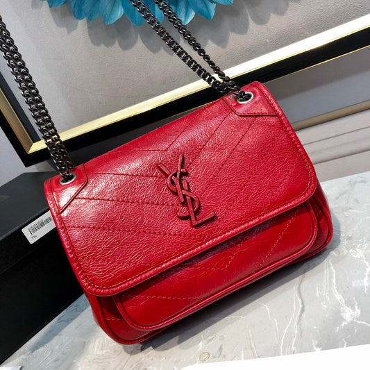 Saint Laurent Niki Red Quilted Crumpled Leather Shoulder Bag with Tonal Hardware