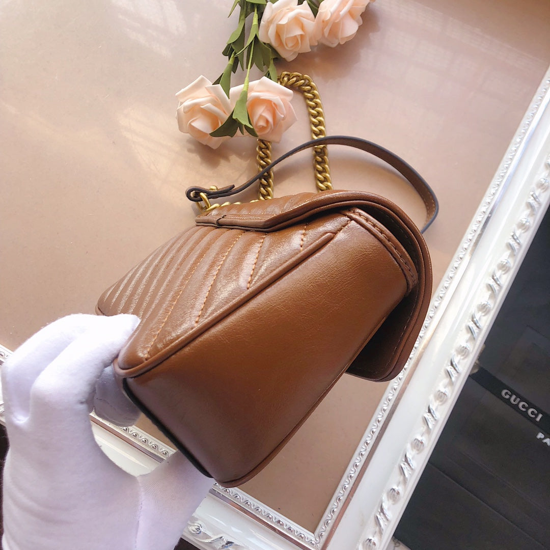 Gucci Elegant Brown Chevron Quilted Leather Shoulder Bag with Chain