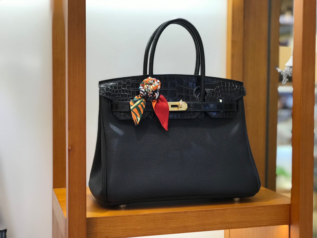 Elegant Black Leather Birkin Style Handbag with Scarf Detail