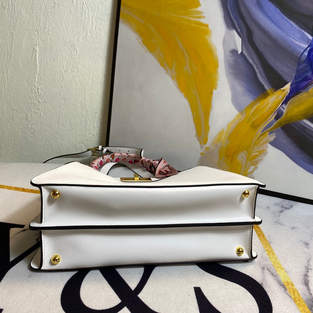 Elegant White Leather Top Handle Handbag with Scarf-Wrapped Handle and Crossbody Strap