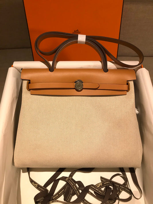 Hermès Herbag Zip Canvas and Leather Handbag - Beige and Tan