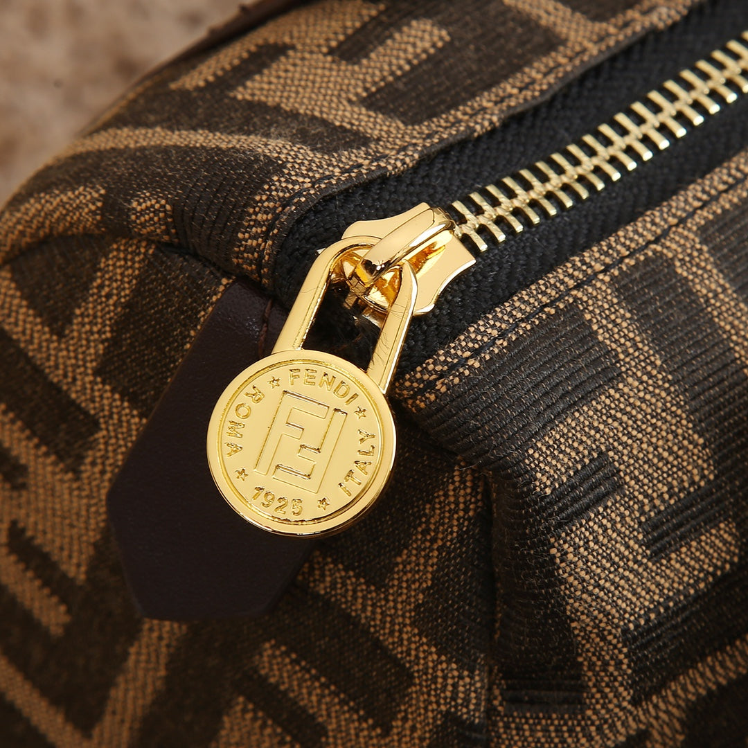 Fendi Monogram Zucca Canvas Mini Boston Bag - Brown Barrel Handbag with Shoulder Strap