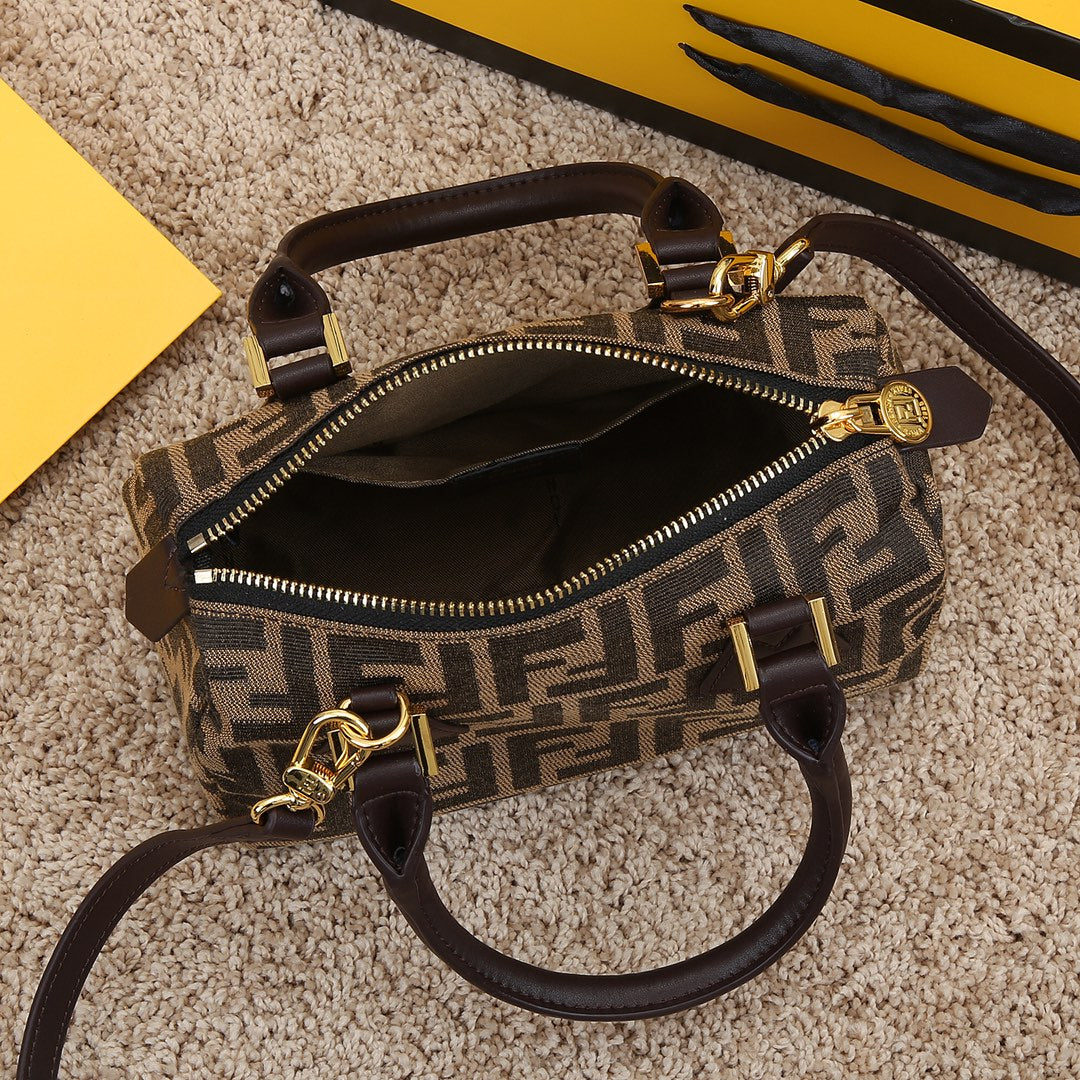 Fendi Monogram Zucca Canvas Mini Boston Bag - Brown Barrel Handbag with Shoulder Strap