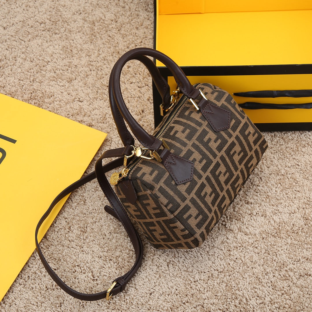 Fendi Monogram Zucca Canvas Mini Boston Bag - Brown Barrel Handbag with Shoulder Strap