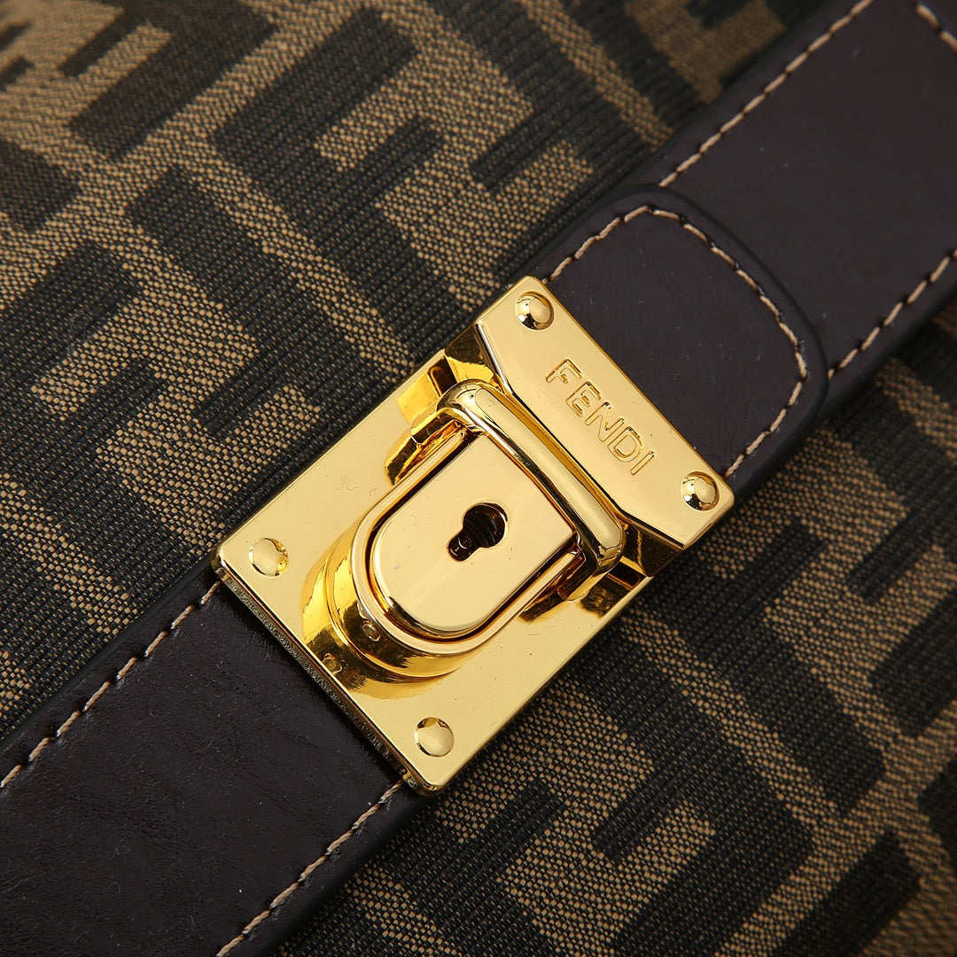Fendi Zucca Monogram Canvas Boston Bag with Leather Trim and Shoulder Strap
