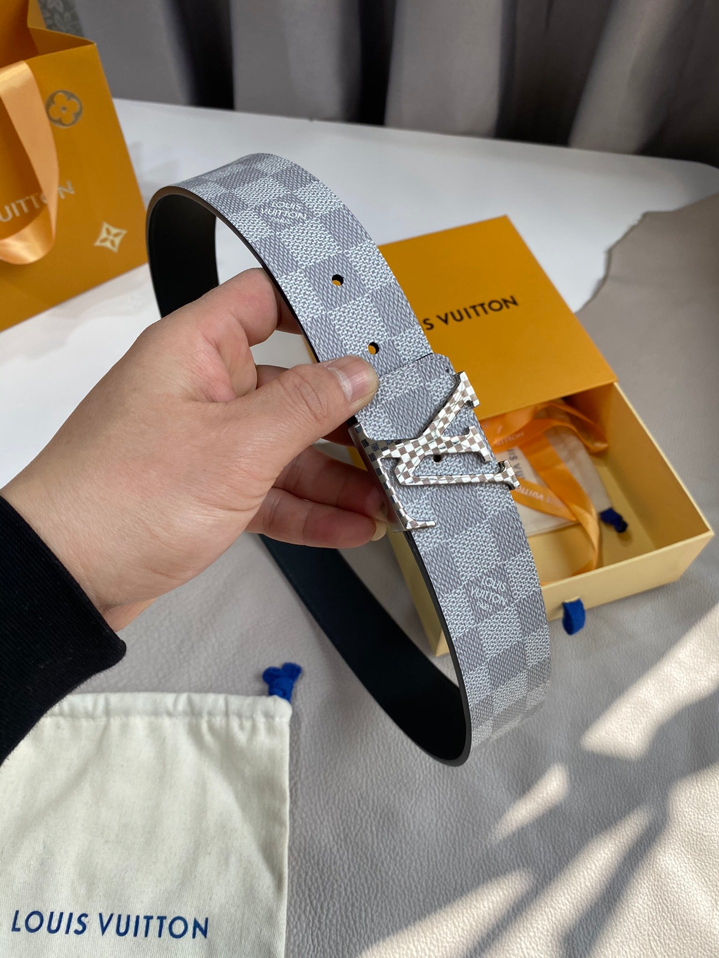 Louis Vuitton LV Initiales 40mm Reversible Belt, Damier Azur Canvas, Silver Buckle, Grey/White