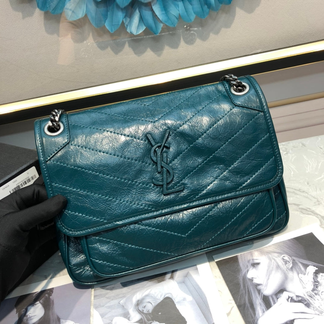 Saint Laurent Niki Medium Shoulder Bag - Teal Crinkled Leather with Tonal YSL Logo