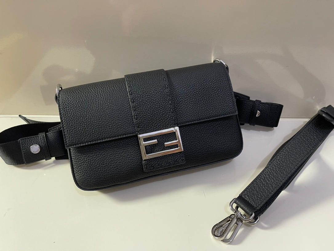 Fendi Black Leather Baguette Shoulder Bag with Silver FF Logo Buckle