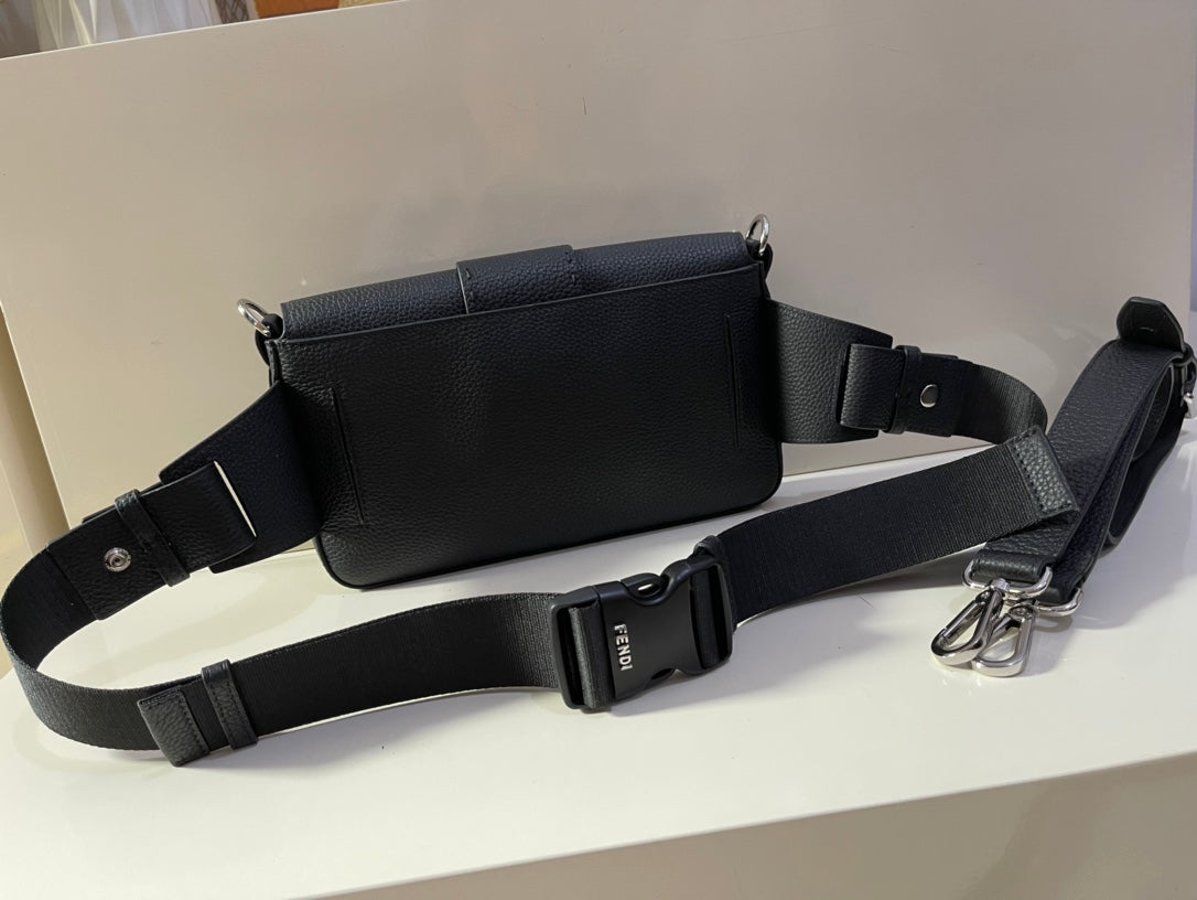 Fendi Black Leather Baguette Shoulder Bag with Silver FF Logo