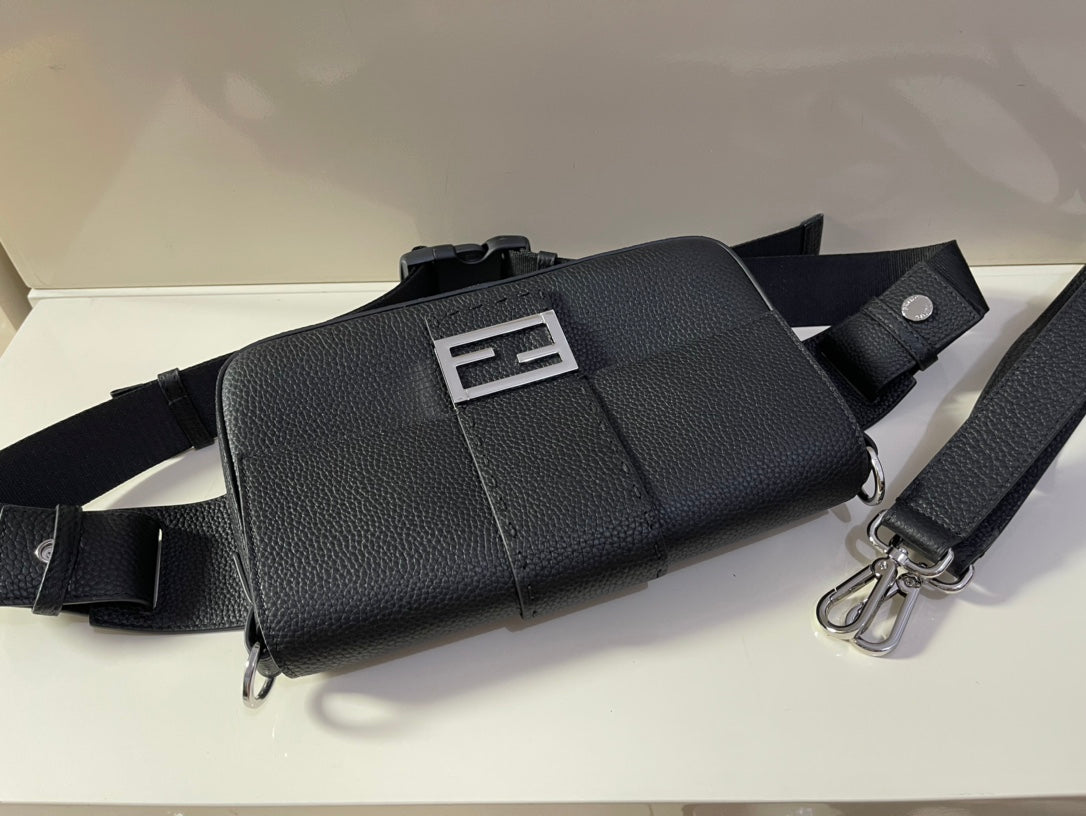Fendi Black Leather Baguette Shoulder Bag with FF Buckle and Box