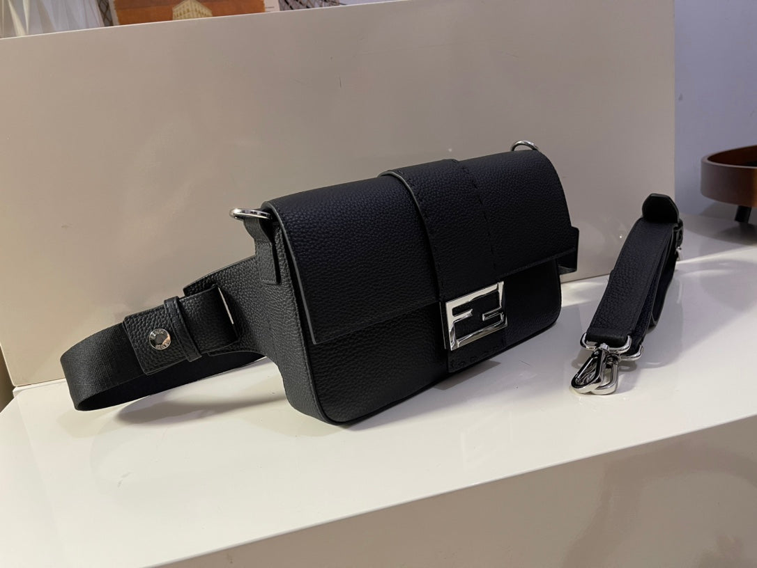 Fendi Black Leather Baguette Shoulder Bag with Silver FF Logo Buckle