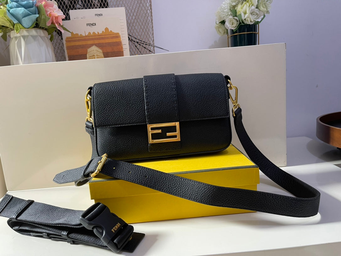 Fendi Black Leather Baguette Shoulder Bag with Gold Hardware