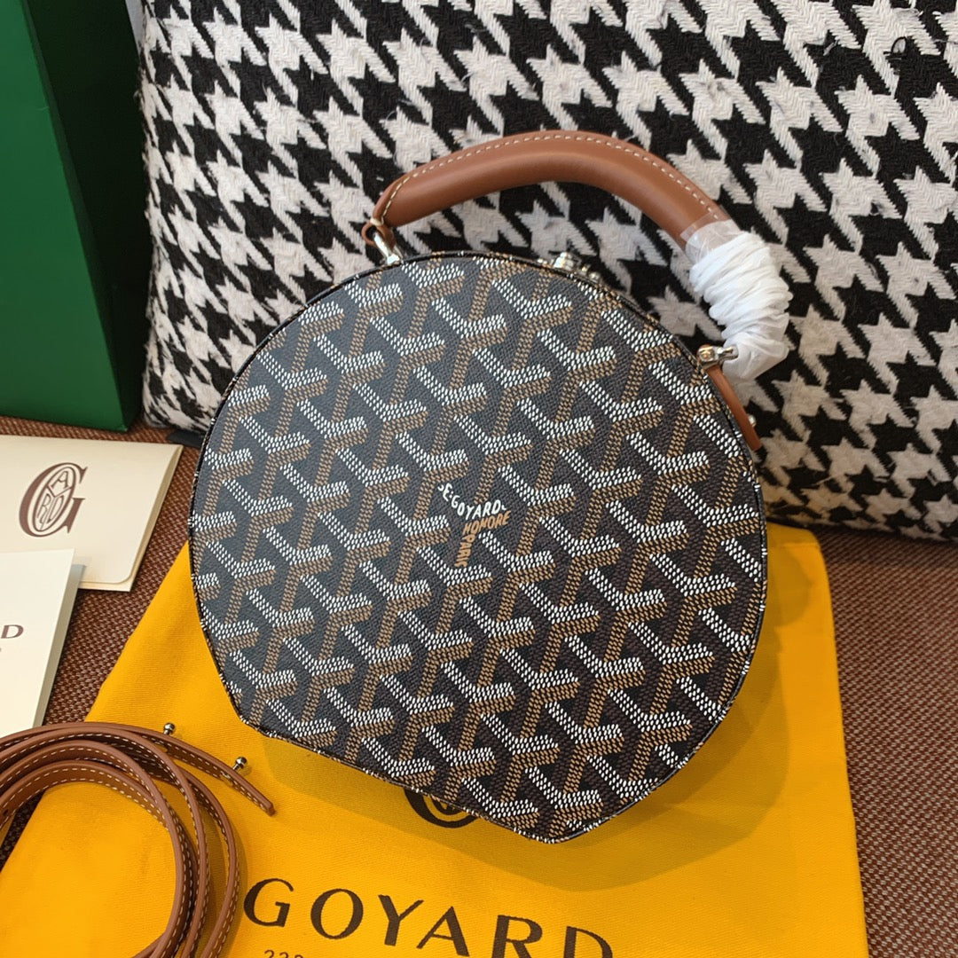 Gogy Classic Round Hat Box Top Handle Bag in Grey Chevron Canvas