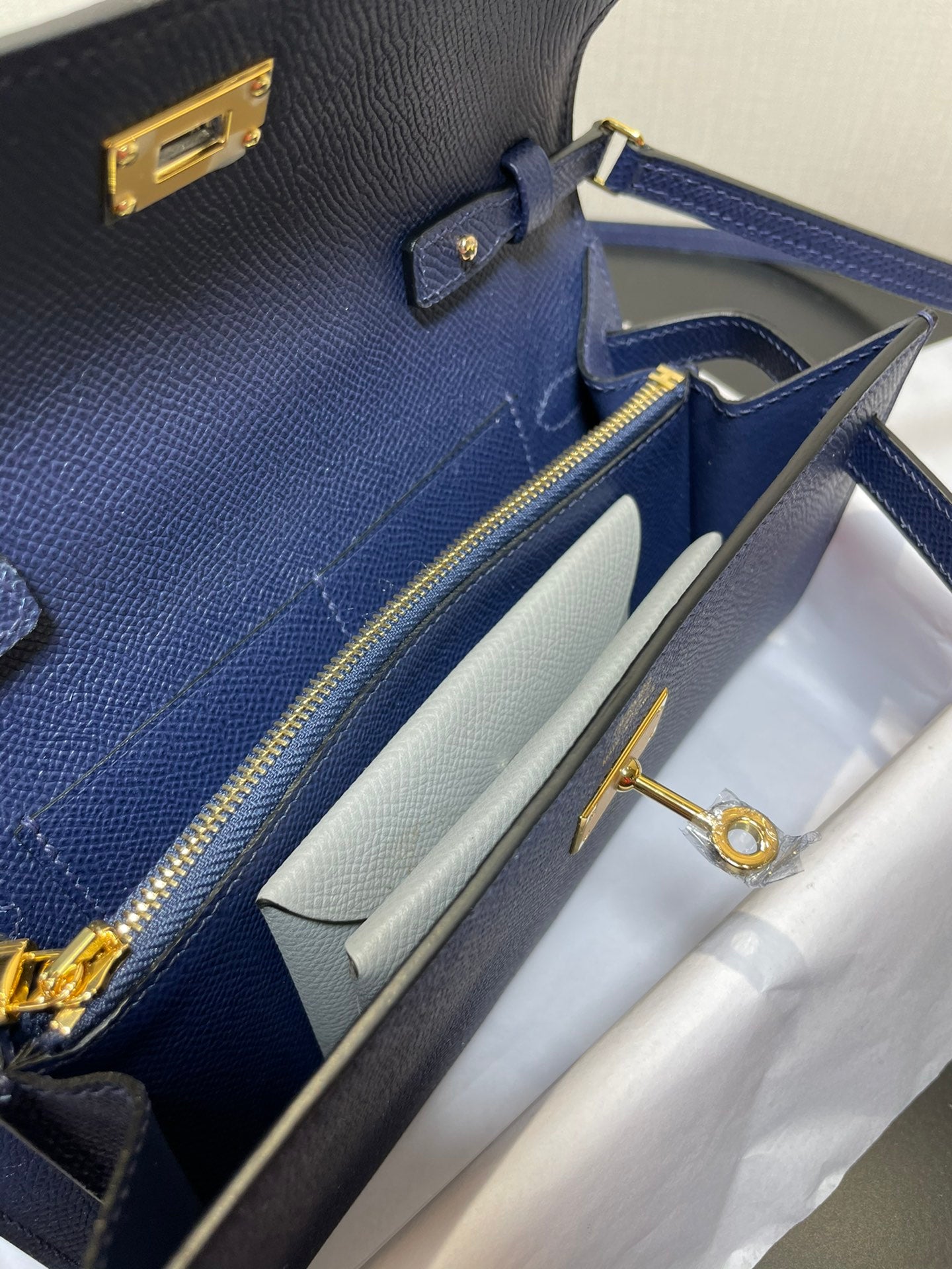 Luxury Two-Tone Blue and Beige Leather Wallet - Elegant Foldover Clutch with Gold Clasp