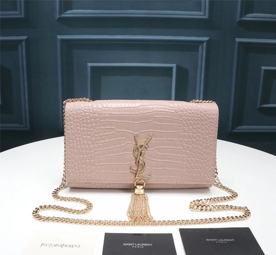 Saint Laurent Kate Medium Tassel Shoulder Bag in Crocodile-Embossed Leather, Pale Pink
