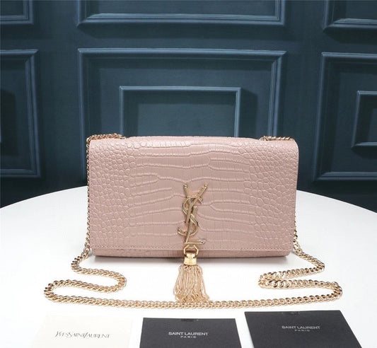 Saint Laurent Kate Medium Tassel Shoulder Bag in Crocodile-Embossed Leather, Pale Pink