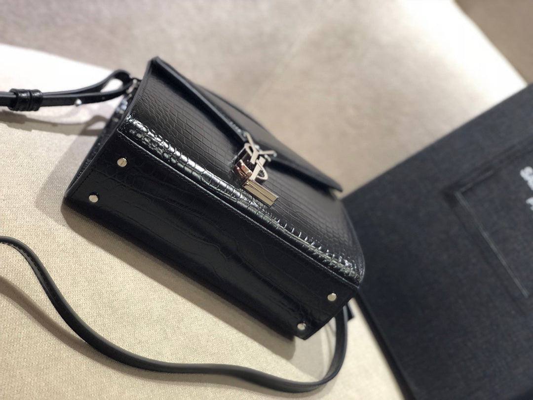 Saint Laurent Cassandra Mini Top Handle Bag in Crocodile-Embossed Leather - Black