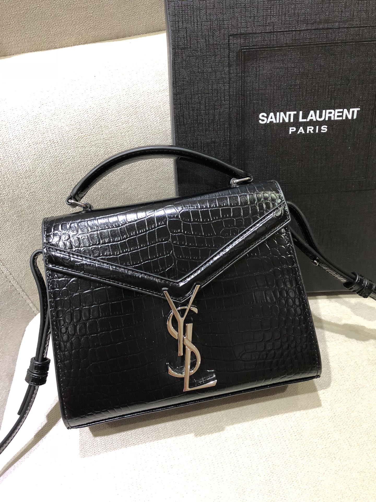 Saint Laurent Cassandra Mini Top Handle Bag in Crocodile-Embossed Leather - Black