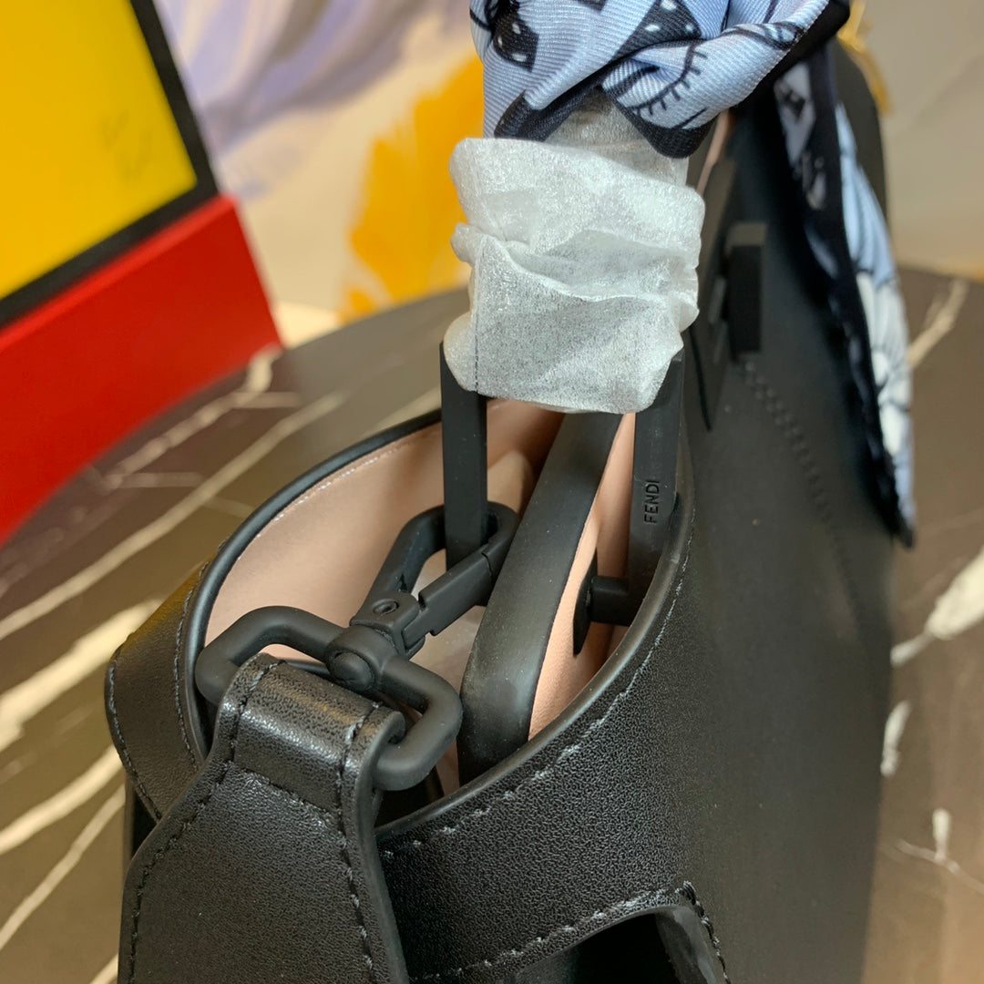 Fendi Black Leather Peekaboo Bag with Scarf Wrapped Handle and Logo Strap