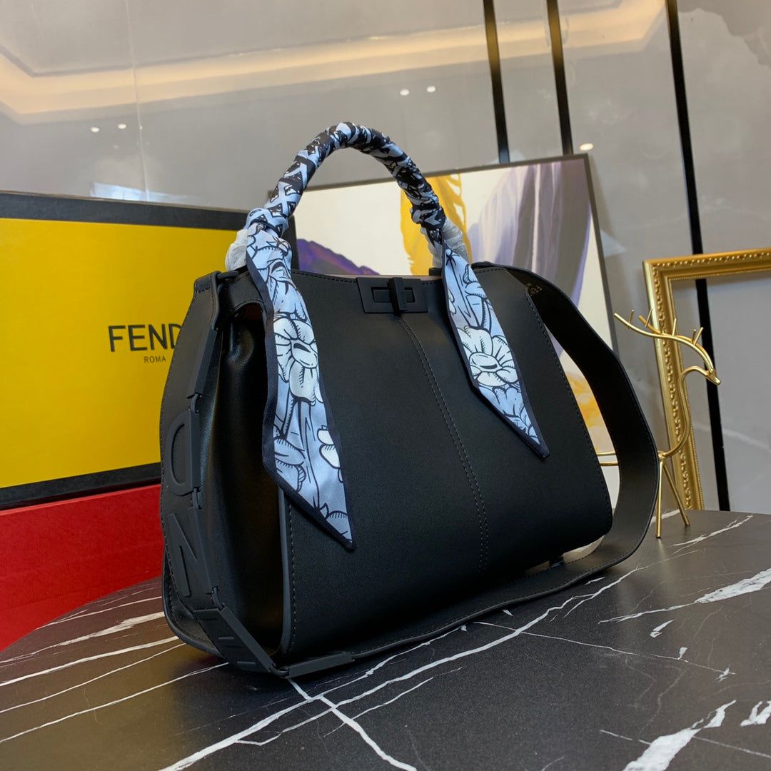 Fendi Peekaboo ISeeU Medium Black Leather Handbag with Silk Scarf
