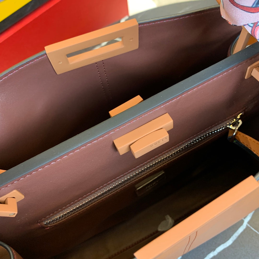 Fendi Peekaboo Brown Leather Handbag with Scarf-Wrapped Handle and Logo Strap